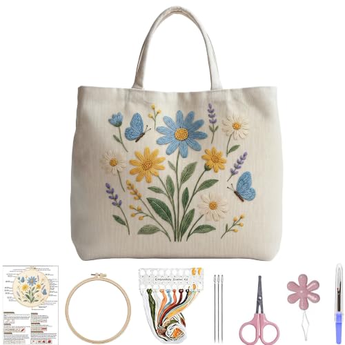 ARTopet Embroidery Tote Bag Kit for Beginners Flower Canvas Cross Stitch Handbag with Hoops Needles Threads Reusable Grocery Bag for Women-Flowers - color: Flowers