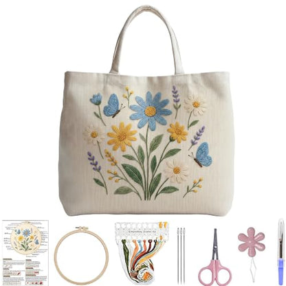 ARTopet Embroidery Tote Bag Kit for Beginners Flower Canvas Cross Stitch Handbag with Hoops Needles Threads Reusable Grocery Bag for Women-Flowers - color: Flowers