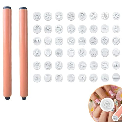 48 Pcs Nail Stamp Pen Set with 2 Ergonomic Handles & 48 Interchangeable Stamp Heads, Floral Butterfly Animal Patterns Nail Art Stamping Kit, Portable Storage Case Included, Design Tools for Women