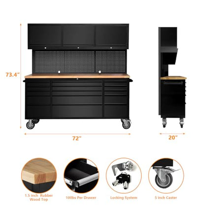 75" Tool Chest Tool Box, Heavy Duty Tool Chest Cabinet with 15 Drawers and 3 Upper Cabinets Combination Tool Cabinet, Large Tool Bench Organizer with Wood Top and Pegboard for Garage, Black - size: 72 in wIth 15 Drawers