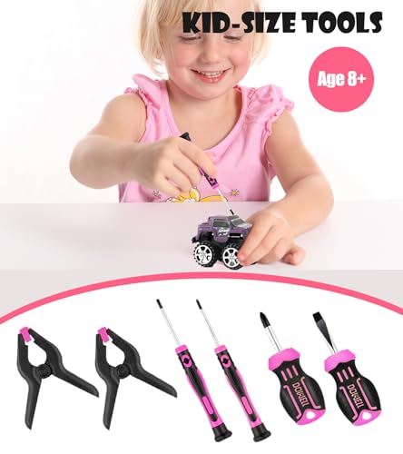 DOWELL 14 Pieces Kids Real Tools Pink Tool Set，Tool Kit with Storage Bag for Boys, Girls, Children DIY Building and Woodworking, Age 8+ - size: 14 Pcs-Pink