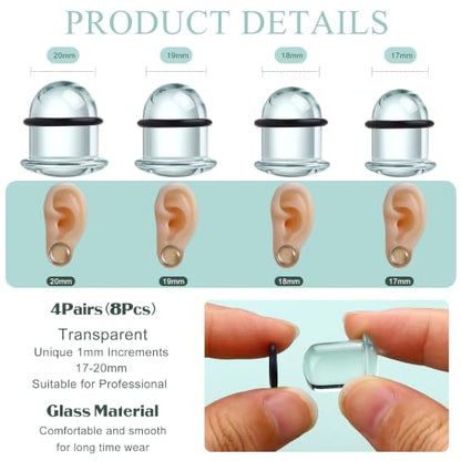 GEMQUEEN 24 Pcs 0.5mm Increments Glass Ear Stretching Kit Hypoallergenic - color: Clear, size: 17mm-20mm | 8pcs