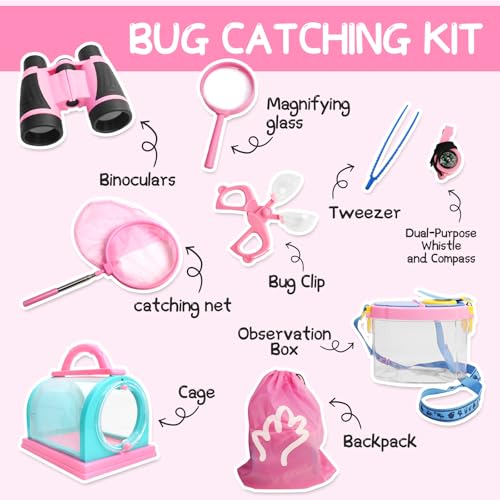 Bug Catcher for Kids Explorer Kit Kids Bug Catching Kit, Bug Catcher Kit for Kid with Binoculars, Magnifying Glass, Butterfly Kit for Girls Aged 3+(Pink)