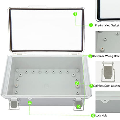 Zulkit Junction Box ABS Plastic Dustproof Waterproof IP67 Electrical Boxes Hinged Shell Outdoor Universal Project Enclosure Grey Clear Cover, Stainless Steel Buckles 10.2 x 6.3 x 3.9 Inch - size: 10.2"x6.3"x3.9" TC k