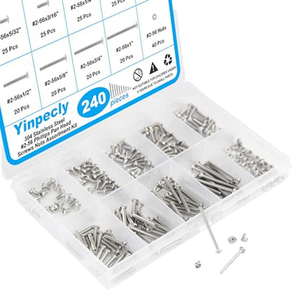 240pcs #2-56 Phillips Pan Head Machine Screws Nuts Washers Kit - size: #2-56