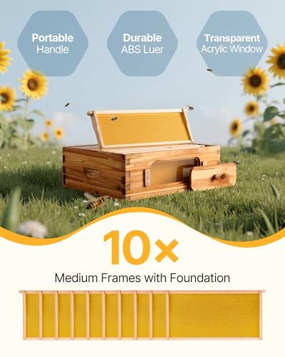 VEVOR 10 Frame Medium Super Bee Hive Box, Bee Box Dipped in 100% Beeswax, Langstroth Beehive Kit with 10 Frames and Foundations and Transparent Acrylic Windows for Beekeeping Supplement - size: Medium Super Box