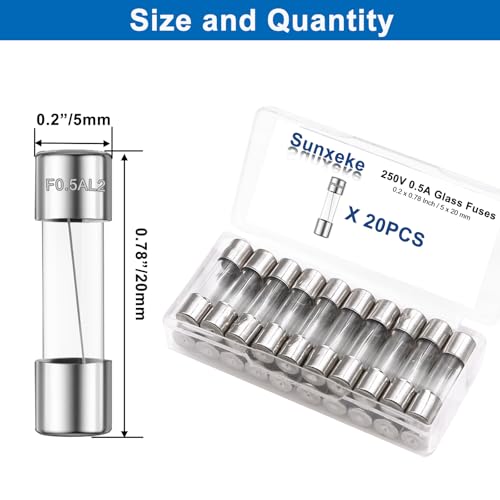 20PCS F0.5AL250V 5 x 20mm Fast Blow Glass Fuses 0.5A 0.5Amp 250V Glass Fuse,0.2 x 0.78 Inch - size: 0.5A