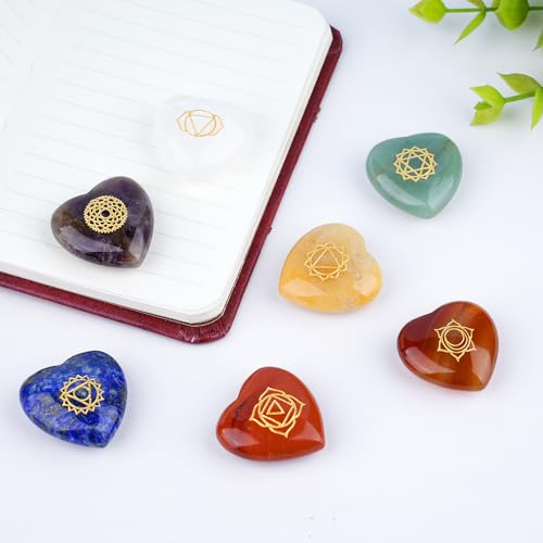 TGS Gems 7pcs Chakra Heart Crystal Stones Natural Reiki Healing Crystals Gemstones with Engraved Chakra Symbol Chakra Stone Kit for Meditation Crystal