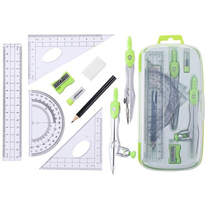 Unjoo Math Geometry Set 10 Pcs, Compass and Protractor for Students(Green) - color: Green