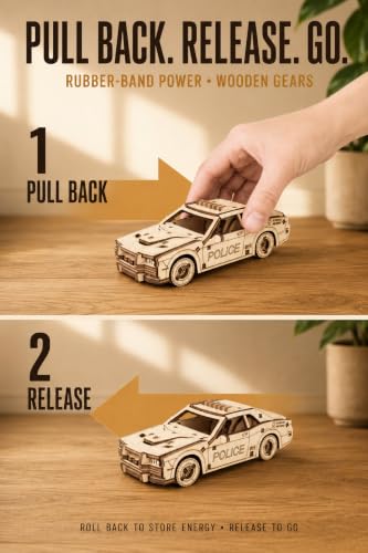 EWA Eco-Wood-Art Pocket Police Car - 3D Wooden Puzzle Mechanical Model Kit DIY Wood Construction Set