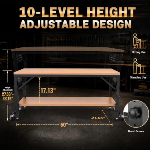 60" Heavy Duty Foldable Workbench with Transformable Wheels Adjustable Height, Rubberwood Table & Carbon Steel Frame with Pegboard, Max Load 2500 LBS for Garage, Woodworking, Office, Home - size: Large