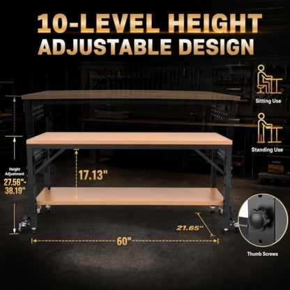 60" Heavy Duty Foldable Workbench with Transformable Wheels Adjustable Height, Rubberwood Table & Carbon Steel Frame with Pegboard, Max Load 2500 LBS for Garage, Woodworking, Office, Home - size: Large