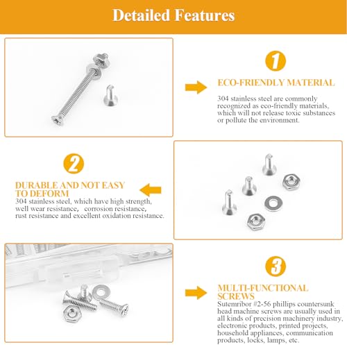 254 Pieces #2-56 x 3/16", 1/4", 5/16", 3/8", 1/2", 5/8", 3/4", 1", Phillips Countersunk Head Machine Screws Nuts Washers Assortment Kit - size: #2-56, style: Phillips Countersunk Head