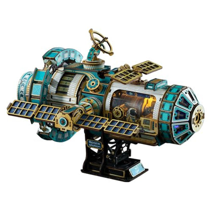 3D Wooden Puzzles International Space Station Model - Collectible Display Model with Interlocking Design, Motorized Solar Panels, Radar & Thrusters, LED Light Effects(Celestigon Station) - style: International Space Station