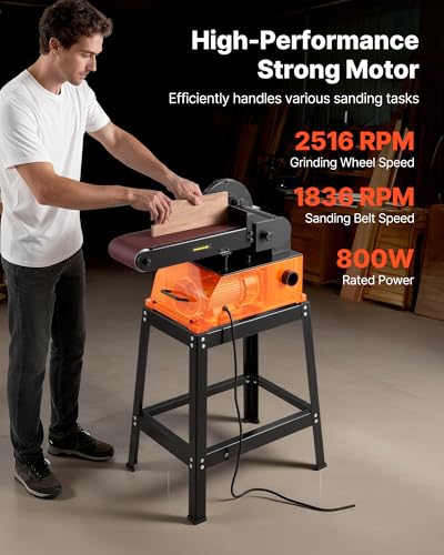VEVOR Professional Belt Sander with Stand, 9" Disc & 6" x 48" Belt Sander Combo, 800W Sanding Machine with 0-45° Adjustable Worktable for Woodworking, Furniture Refinishing, Knife Sharpening - size: 9" Disc & 6" x 48" Belt Sander Combo