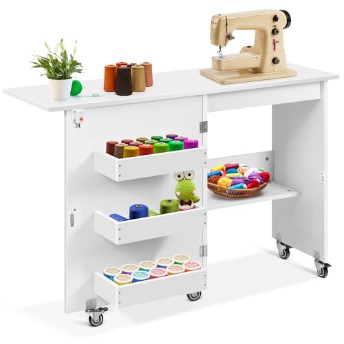 VIVOHOME Folding Sewing Table for Sewing Machine, Sewing Desk with Storage - color: White