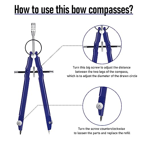 EBOOT Math Geometry Set Metal Compass 6" Clear Protractor, Blue - color: Blue