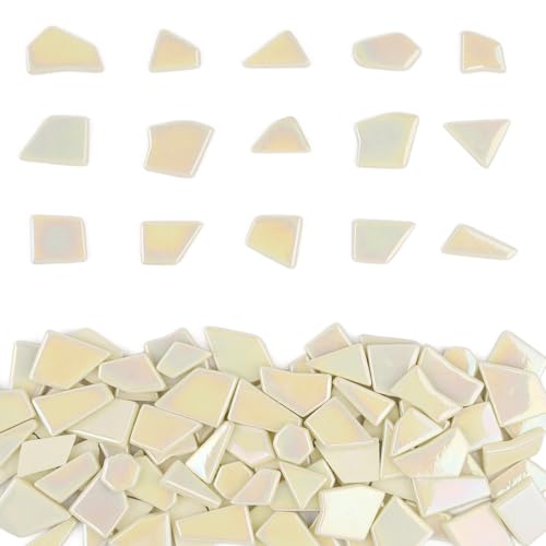 Youway Style 200g Iridescent Cream Glass Mosaic Tiles for Crafs Bulk - color: yellow green tint, size: 200g