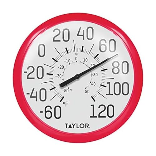 Taylor Big and Bold Wall Dial Thermometer, Indoor Outdoor Thermometer, Wireless Thermometer with Easy to Read Numbers for Patio, Pool, Garage and Indoor Areas, 13.25-inch, Red - color: Red, size: 13.25 inches (Pack of 1)