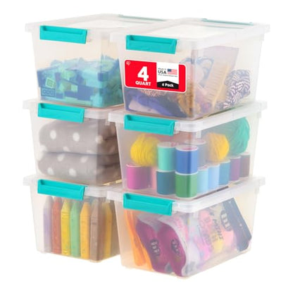 IRIS USA Storage Bins with Lids |Made in USA| 4 Qt - (6-Pack) - Clear - color: Clear/Seafoam Blue, size: 4 Qt. - 6 Pack