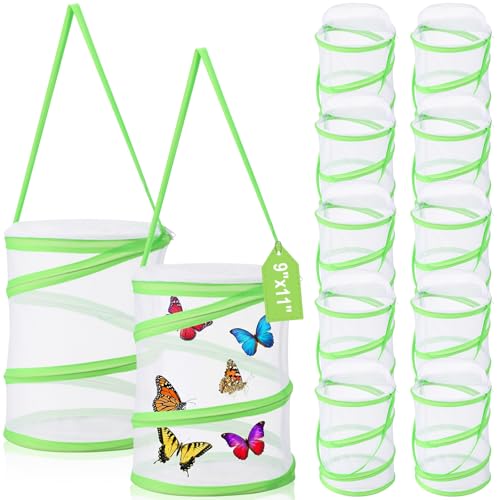 Sherr 12 Pack Butterfly Habitat Cage, 9"x11" Pop-up Mesh Butterfly Net Terrarium, Reusable Caterpillar Raising Kit, Portable Bug Catcher Enclosure for Transporting and Raising Critter (Green) - color: green