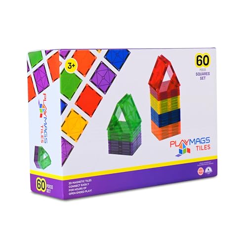 Playmags 60-Piece 3D Magnetic Tiles Squares Set - Featuring Supermags Twice as Strong, Riveted for Safety, STEM Educational Building Blocks for Kids, Compatible with Major Brands, Ages 3+ - style: 60 Pieces