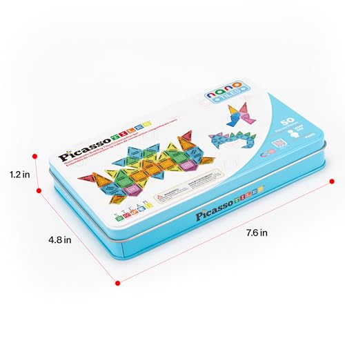 PicassoTiles Nano Magnetic Tiles Travel Set with Storage Tin, Kids Ages 3+ - color: 50pcs Mini With Case