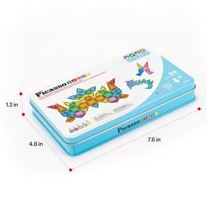 PicassoTiles Nano Magnetic Tiles Travel Set with Storage Tin, Kids Ages 3+ - color: 50pcs Mini With Case