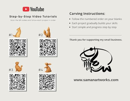 SamanArtworks Wood Carving Kit for Beginners, 4 Pre-Cut Basswood Animal Projects with Step-by-Step YouTube Tutorials, DIY Whittling Craft Kit for Adults & Teens