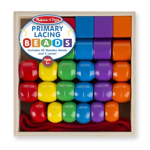 Melissa & Doug Primary Lacing Beads - Educational Toy with 30 Wooden Beads and 2 Laces for Toddlers, Fine Motor Skills Lacing Toys for Toddlers and Kids Ages 3+