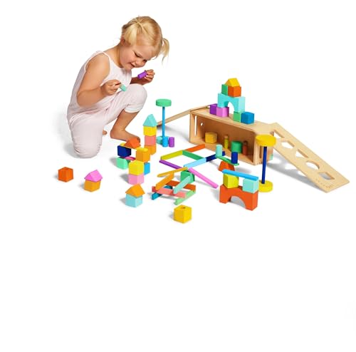 LOVEVERY | The Block Set | Solid Wood Building Blocks and Shapes + Wooden Storage Box, 70 Pieces, 18 Colors, 20+ Activities, Toddler Block Set and Converts into a Pull Car, Ages 12 to 48+ months