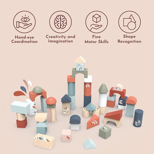 SPEEDY MONKEY Wooden Building Blocks | 50 Pcs with Storage Bucket Playset - color: Building Blocks