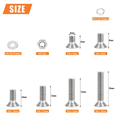 HELIFOUNER 360 Pieces M4 x 6mm /8mm /10mm /12mm /16mm /20mm, 304 Stainless Steel M4 Countersunk Socket Cap Screws Nuts Washers Kit - size: ['M4']
