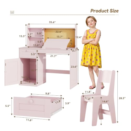 FTZxHKLX Kids Study Desk and Chair Set with 0-105° Tiltable Desktop, Pink - color: Pink, size: with Lift Up Hinge