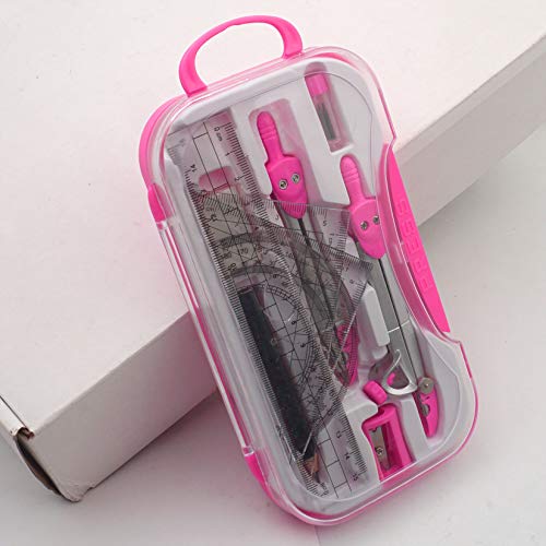 Geometry Set Maths Compasses for Grade Students Back to School Supplies with Compasses Protractor in Carry Case, Pink