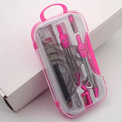 Geometry Set Maths Compasses for Grade Students Back to School Supplies with Compasses Protractor in Carry Case, Pink