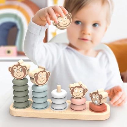 SPEEDY MONKEY Wooden Family Stacker | 5 Stackable Monkey Characters Playset - color: Monkey Family