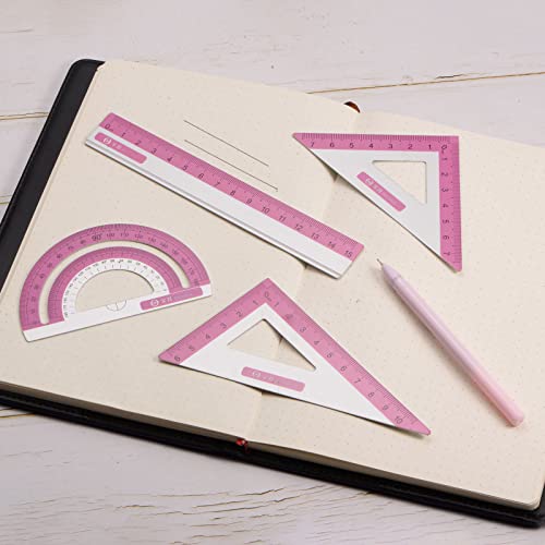 HARFINGTON 4pcs Geometry Set 15cm Metric Measure Ink Printing Aluminum Ruler Metal Ruler Set Triangle Protractor Ruler Tool Set for Classroom, Office, Home, Rose Red - color: Rose Red