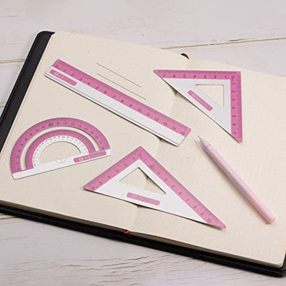 HARFINGTON 4pcs Geometry Set 15cm Metric Measure Ink Printing Aluminum Ruler Metal Ruler Set Triangle Protractor Ruler Tool Set for Classroom, Office, Home, Rose Red - color: Rose Red