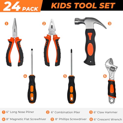INCLY 24 PCS Kids Real Tool Set with Tool Bag, Small Real Hand Tools Kit - color: Orange