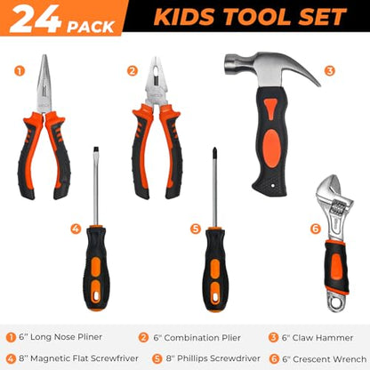 INCLY 24 PCS Kids Real Tool Set with Tool Bag, Small Real Hand Tools Kit - color: Orange