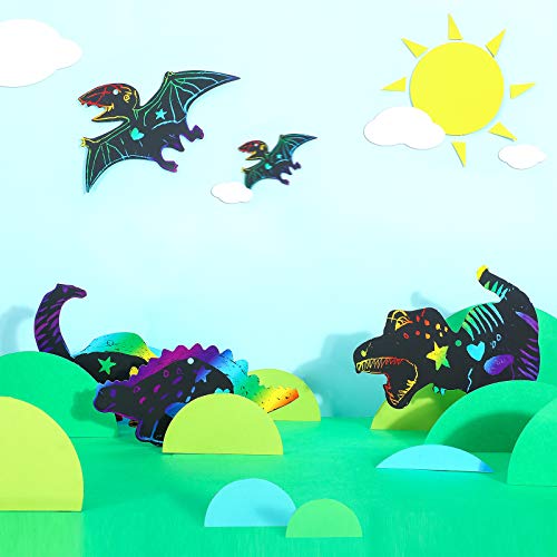 Outus 120pcs Scratch Dinosaur Craft Art Kits for Kids with 48 Scratch Dinosaur Paper24 Wooden Styluses and 48 Ribbons for Theme Birthday Party Game Supplies - size: Medium