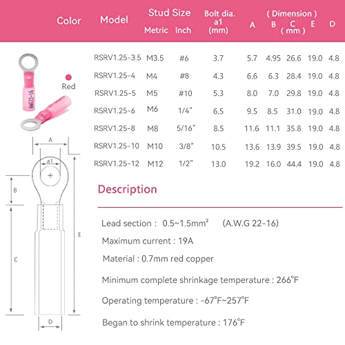 HKS 50 PCS Ring Terminals #6 Red 22-16 AWG - M3.5 - Electrical Connectors - Heat Shrink Wire Connector Kit - Tinned Red Copper - Automotive Marine Ring Connectors - Waterproof and Insulated - color: Red, size: #6 (M3.5)