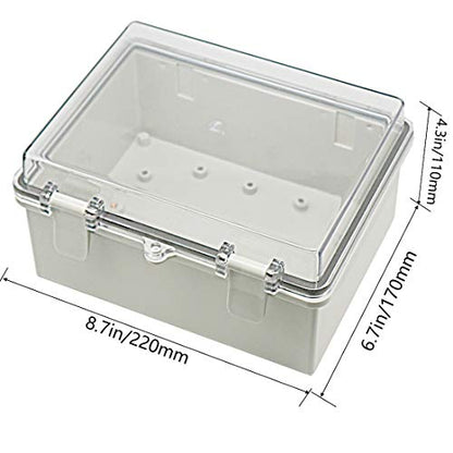 Zulkit Junction Box ABS Plastic Dustproof Waterproof IP65 Electrical Boxes Hinged Shell Outdoor Universal Project Enclosure Clear Cover with 2 Cable Glands 8.7 x 6.7 x 4.3 inch (220x170x110 mm) - size: 8.7" x 6.7" x 4.3"