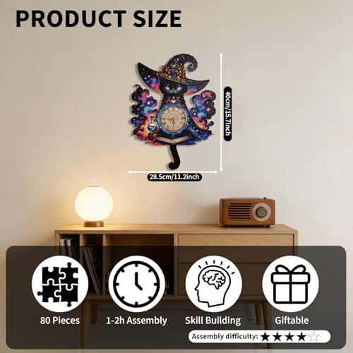 3D Wooden Puzzle Clock DIY Mechanical Model Kit, Wooden Desk & Wall Clock with Pendulum, Adult Crafts Model Clock Kit, Laser Cut Wood Assembly, Fantasy Cat Wizard Galaxy Decor, Unique Gift