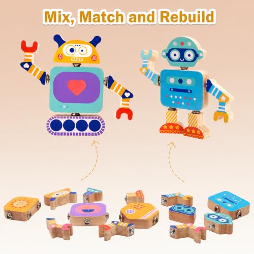 Wooden Robot Building Toy, 33-Piece Snap-Together Set, Ages 3-6