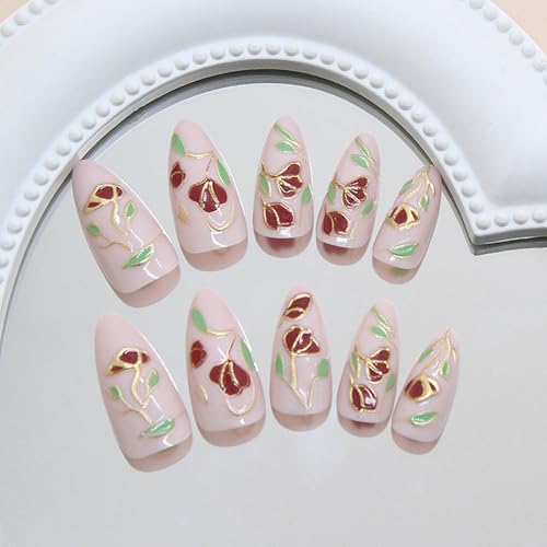 24Pcs Medium Almond Press on Nails Spring Fake Nails with Designs Full Cover Glue on Nails Flower False Nails Glossy Pink Summer Stick on Nail for Women - color: Style20