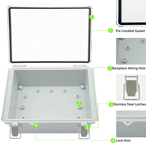Zulkit Junction Box ABS Plastic Dustproof Waterproof IP67 Electrical Boxes Hinged Shell Outdoor Universal Project Enclosure Grey Clear Cover, Stainless Steel Buckles 8.7 x 6.7 x 4.3 Inch - size: 8.7"x6.7"x4.3" TC k