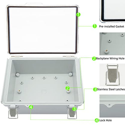 Zulkit Junction Box ABS Plastic Dustproof Waterproof IP67 Electrical Boxes Hinged Shell Outdoor Universal Project Enclosure Grey Clear Cover, Stainless Steel Buckles 8.7 x 6.7 x 4.3 Inch - size: 8.7"x6.7"x4.3" TC k