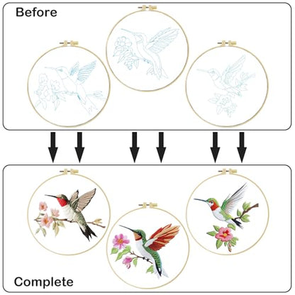 57lilina Embroidery Kit for Beginners, Pack of 3 with Hoop, Threads, Needle - color: Hummingbird